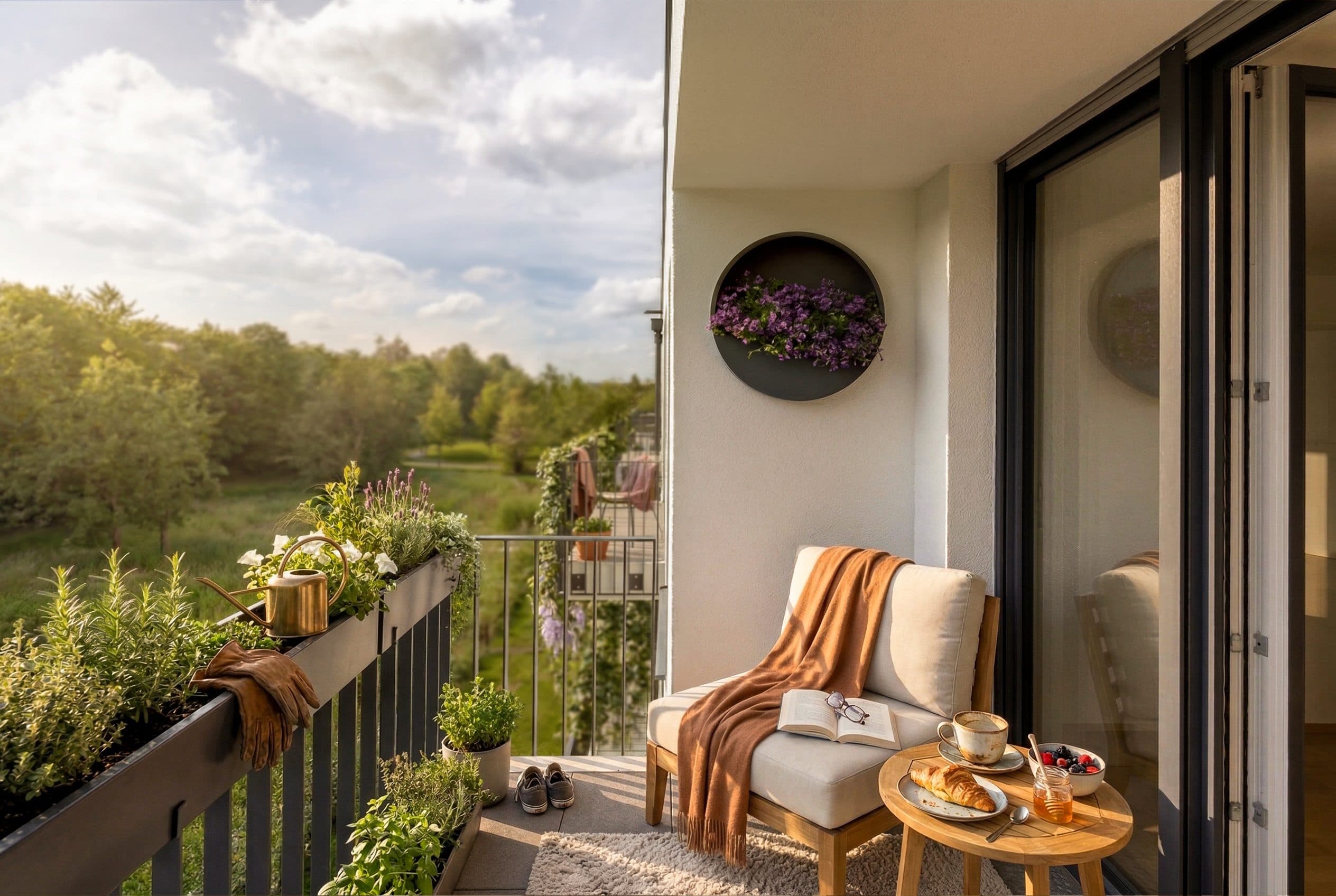 Frühstück auf dem Balkon mit Blick ins Grüne — digital möblierte Wohnung im Annelies Quartier Haar