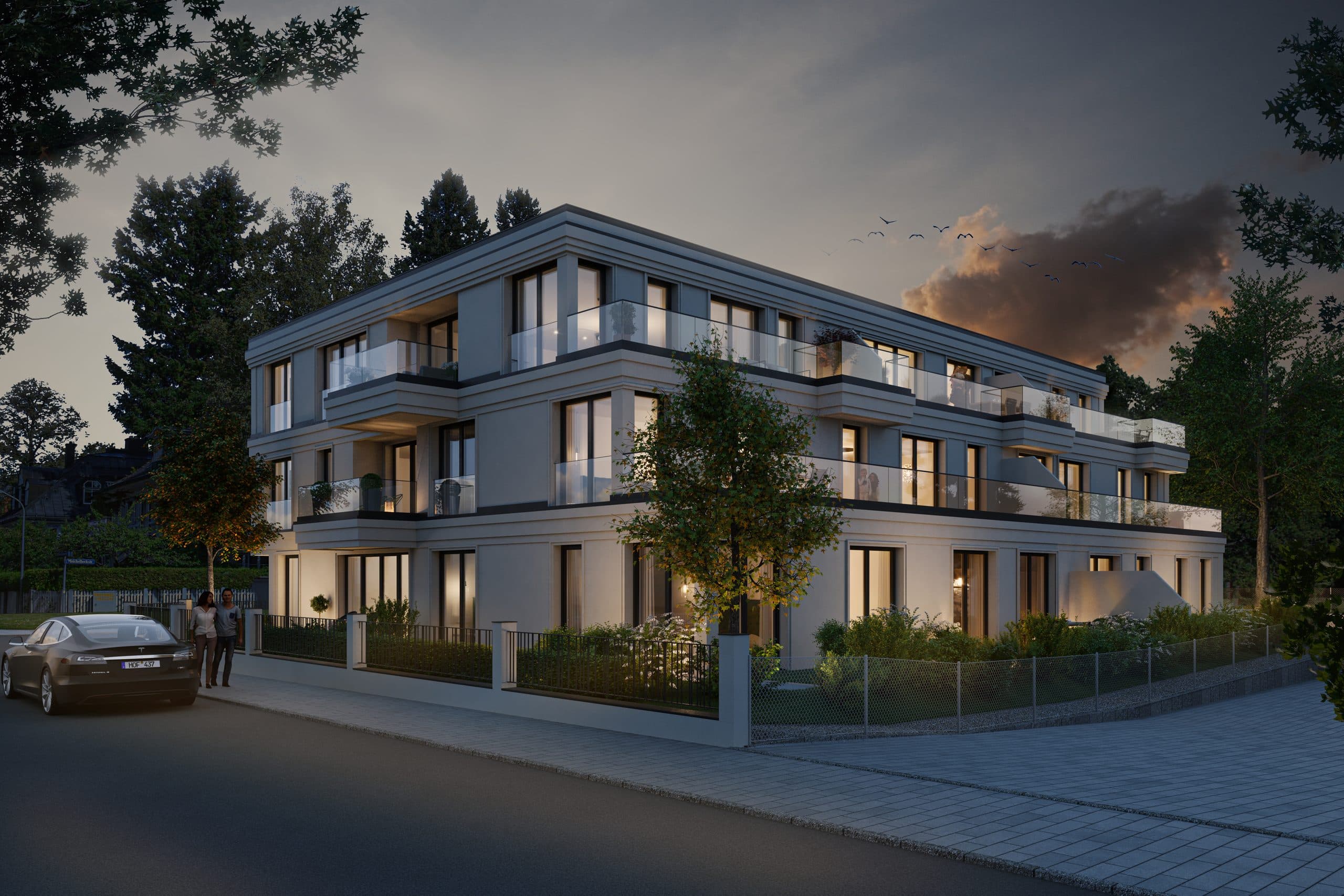 Visualisierung des Wohnjuwels an der Menterschwaige in der Abenddämmerung, Blick von der Straße