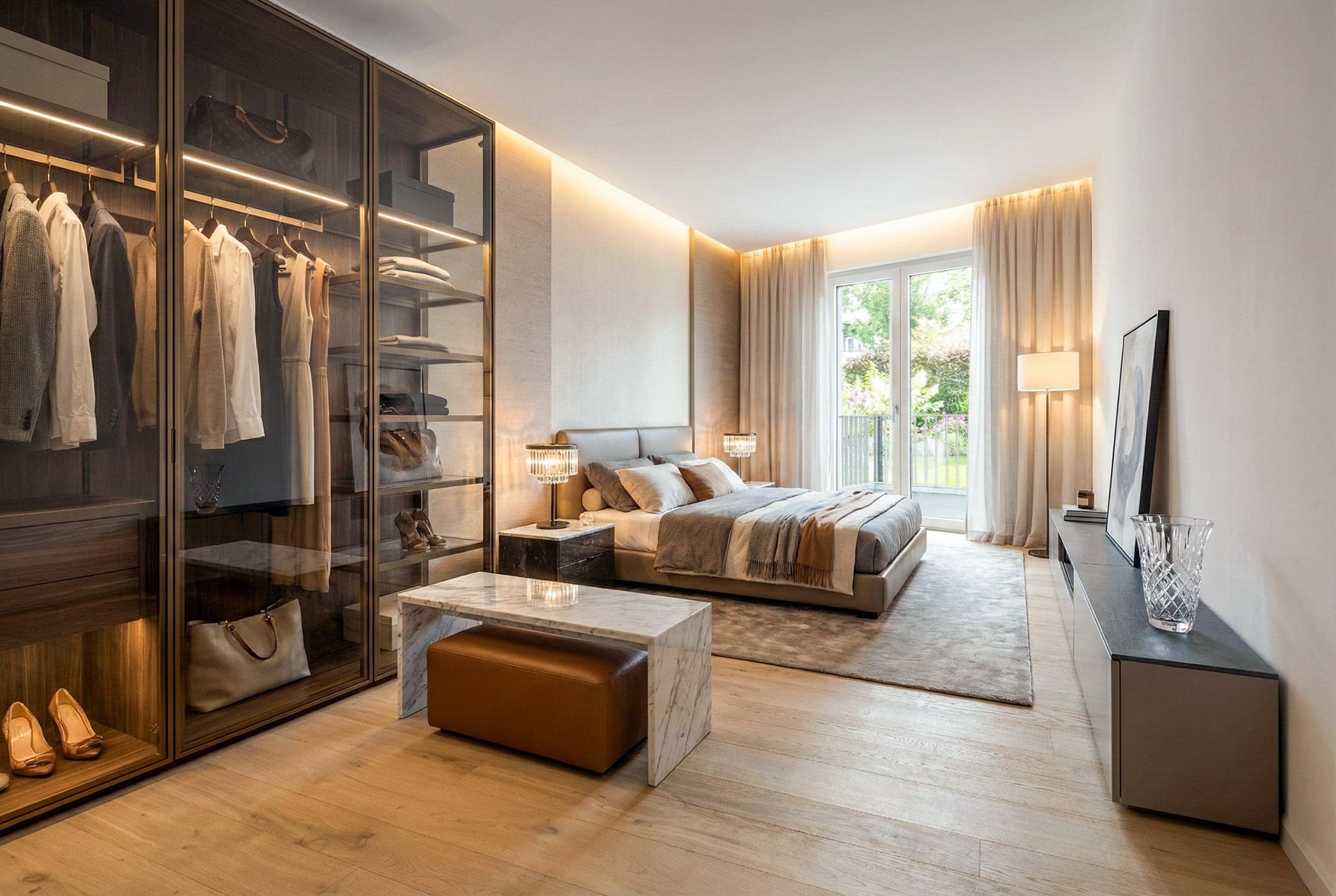 KI-visualisierte Möblierung des Schlafzimmers der Gartenwohnung WE 002 in der Villa Verde mit begehbarem Kleiderschrank