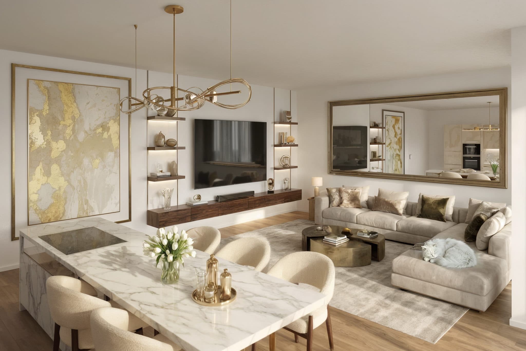 KI-visualisierte Möblierung des Wohn- und Essbereichs des Penthouses A.2.3.30